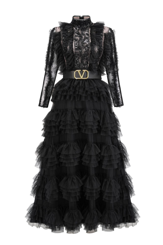 Midnight Allure Lace Sleeve Ruffled Dress | Dress In Beauty
