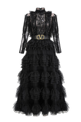 Midnight Allure Lace Sleeve Ruffled Dress | Dress In Beauty
