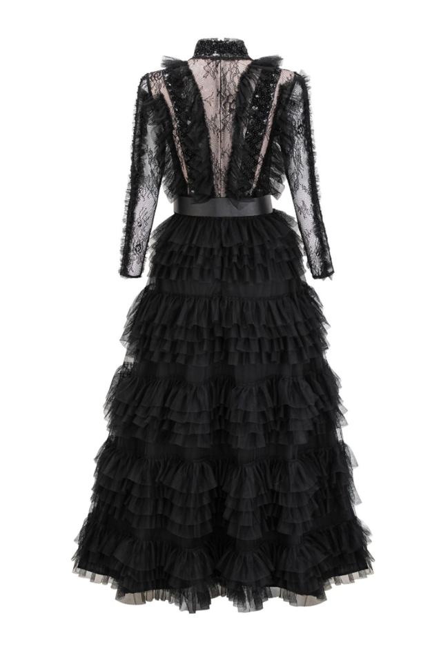 Midnight Allure Lace Sleeve Ruffled Dress | Dress In Beauty