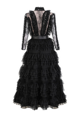 Midnight Allure Lace Sleeve Ruffled Dress | Dress In Beauty