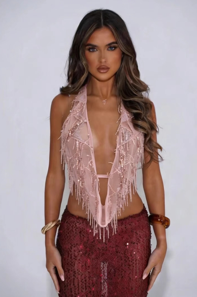 Sequined V-Neck Halter Tank Top | Dress In Beauty