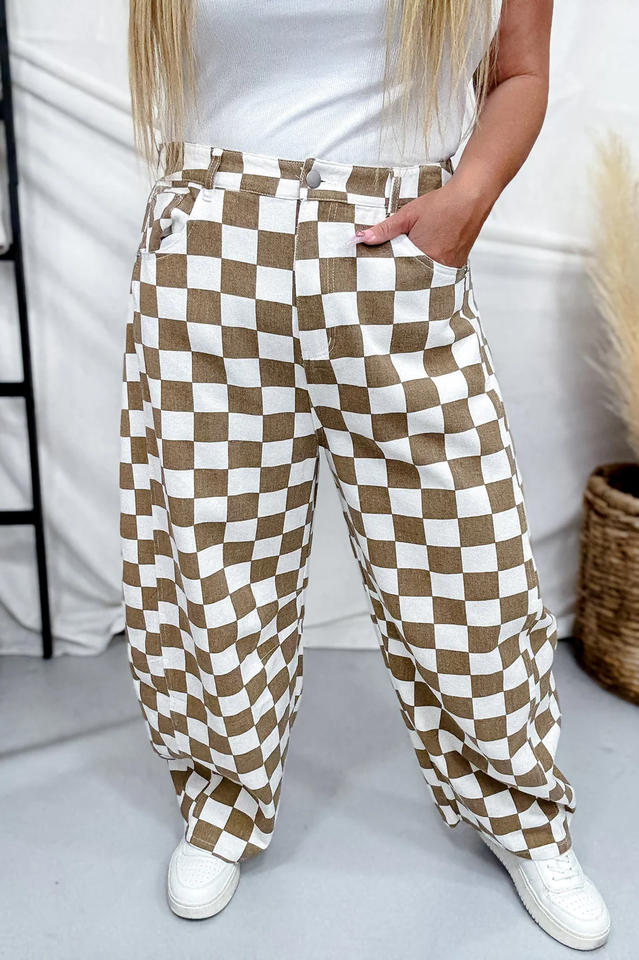 Mocha & White Checkered Barrel Leg Pants | Dress In Beauty