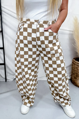 Mocha & White Checkered Barrel Leg Pants | Dress In Beauty