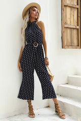 Polka Dots Print Funnel Neck Belted Jumpsuit | Dress In Beauty