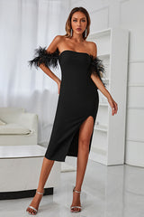 Feather Trim Off-Shoulder Split Dress | Dress In Beauty
