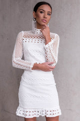 High Neck Short Tight White Lace Dress - Dress In Beauty