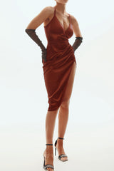 Wrap V Neck High Slit Draped Slip Midi Dress | Dress In Beauty