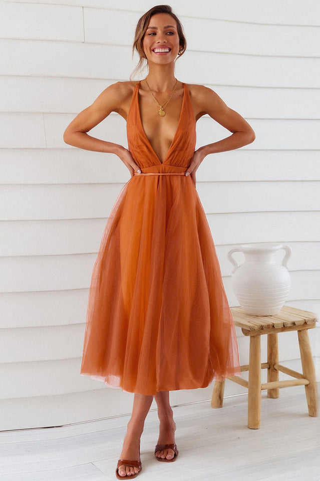 Plunging Neck Backless Mesh Midi Dress | Dress In Beauty Plunging Neck Backless Mesh Midi Dress | Dress In Beauty