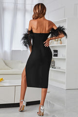 Feather Trim Off-Shoulder Split Dress | Dress In Beauty