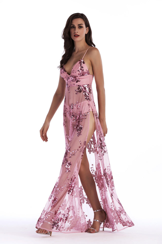 Sequined Sling Backless Split Dress - Dress In Beauty