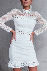High Neck Short Tight White Lace Dress - Dress In Beauty