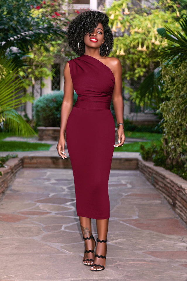Sloping Neck Midi Tight Wrap Cocktail Dress - Dress In Beauty