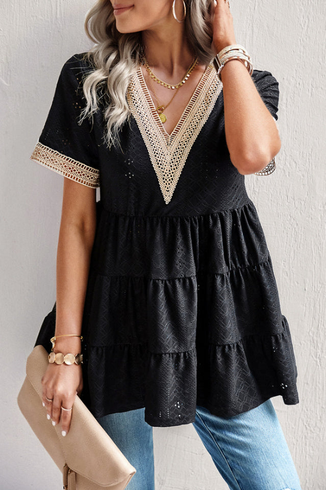 Contrast Short Sleeve Tiered Blouse | Dress In Beauty