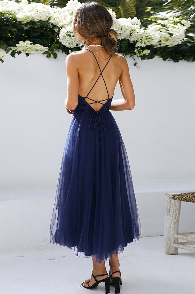 Plunging Neck Backless Mesh Midi Dress | Dress In Beauty