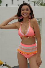 Mesh Hollow Out Stripe Tassel Bikini Set - Dress In Beauty