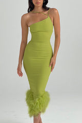 One Shoulder Halter Fur Swing Dress | Dress In Beauty