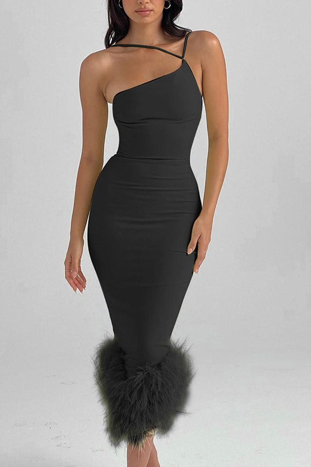 One Shoulder Halter Fur Swing Dress | Dress In Beauty