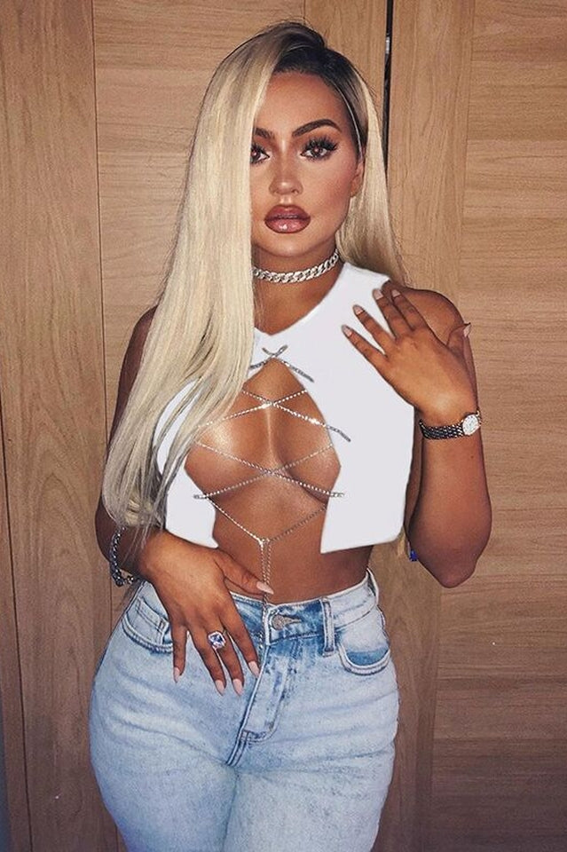 Rhinestone Lace Up Front Crop Top - Dress In Beauty