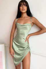 Ruched Backless Satin Mini Dress - Dress In Beauty