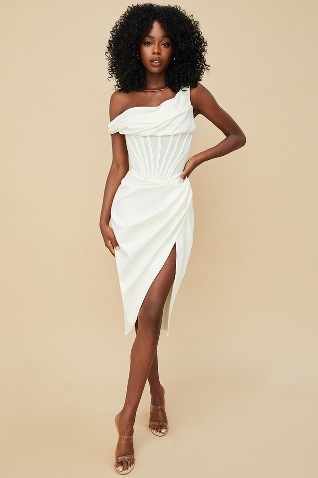 Asymmetric Drape Midi Corset Dress - Dress In Beauty