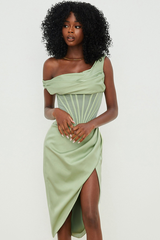 Asymmetric Drape Midi Corset Dress - Dress In Beauty