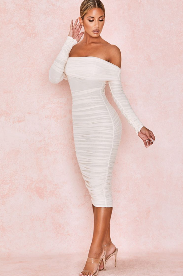 Ruched Off Shoulder Midi Dress | Dress In Beauty