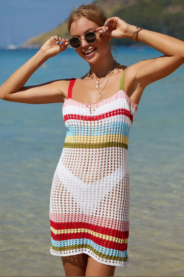 Rainbow Stripe Openwork Sleeveless Cover-Up Dress | Dress In Beauty