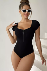 Solid Front Zipper Round Neck Bathing Suit | Dress In Beauty