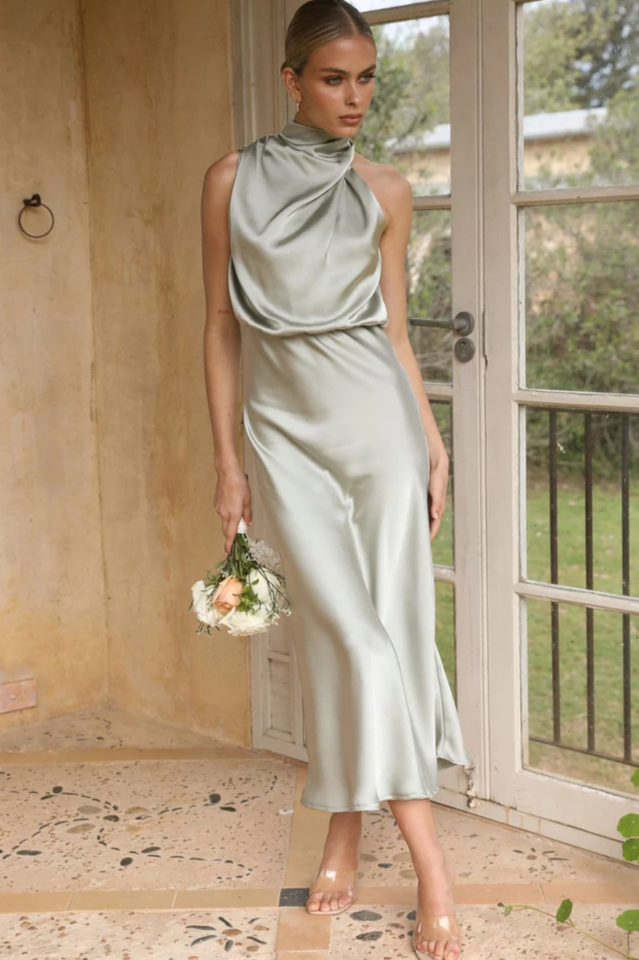 Halter Sleeveless Satin Bridesmaid Dress | Dress In Beauty