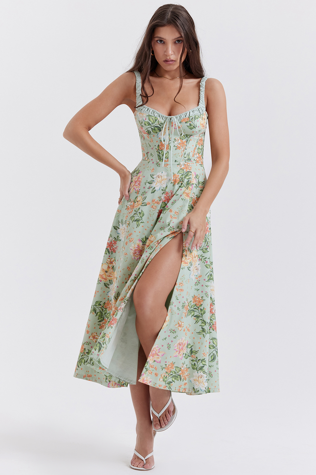 Sabrina Light Jade Print Bustier Sundress | Dress In Beauty